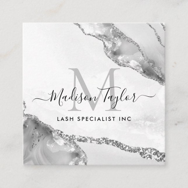Modern Silver Grey Glitter Marble Agate Monogram Square Business Card (Front)
