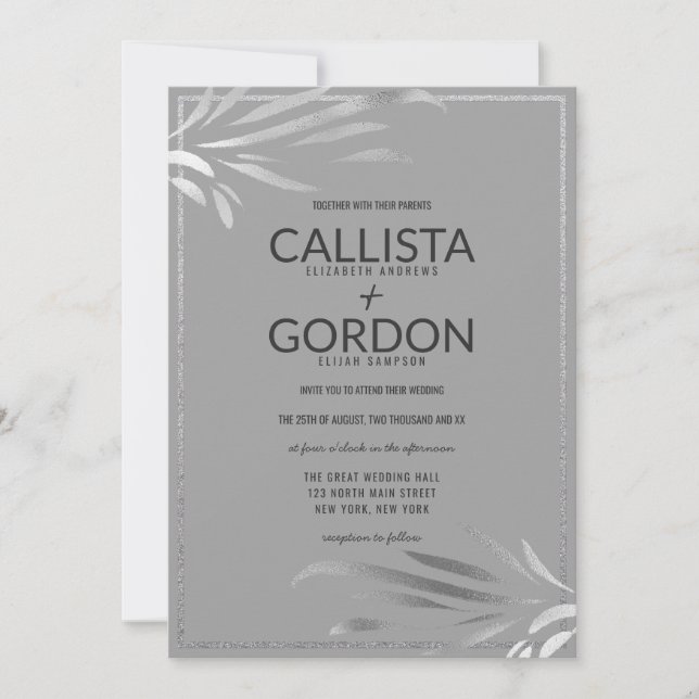 Modern Silver Grey Leaves Glitter Border Wedding Invitation (Front)