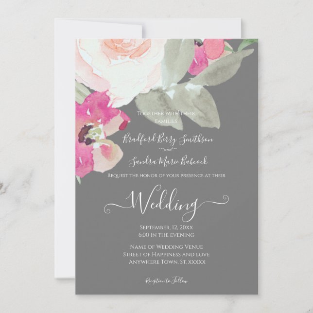 Modern Silver Grey Pink Floral Wedding invitation (Front)