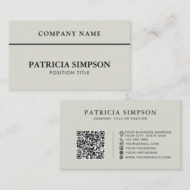 Modern Silver Grey QR Code Professional Minimalist Business Card (Front/Back)