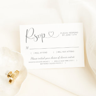 Modern Silver Heart Calligraphy Script Wedding RSVP Card