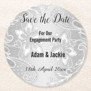 MODERN SILVER LACE SAVE THE DATE COASTER