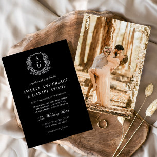 Modern Silver Leafy Crest Monogram Photo Wedding