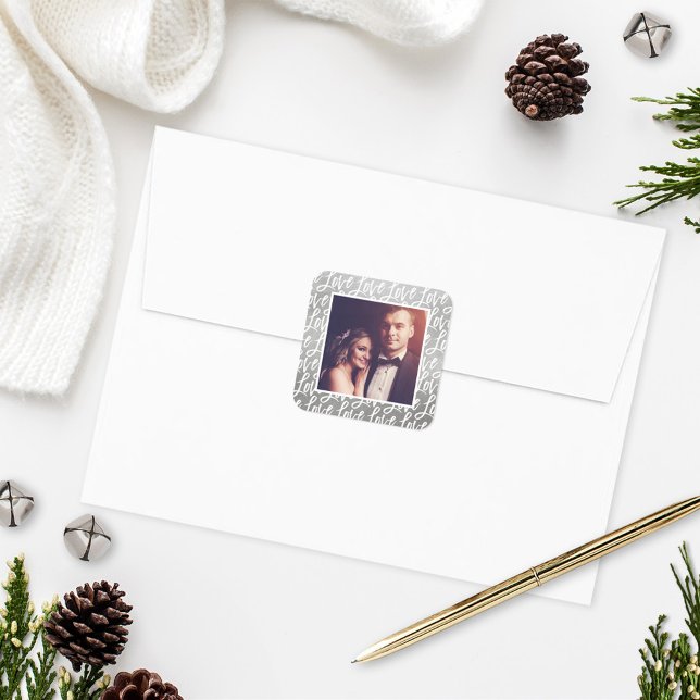 Modern Silver Love in Script Wedding Photo Square Sticker (Creator Uploaded)