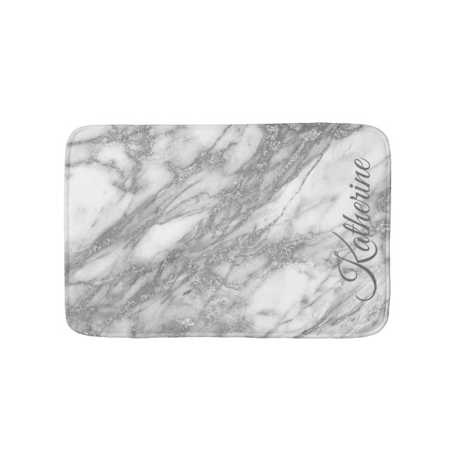 Modern Silver Marble Texture With Your Name Bath Mat (Front)
