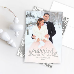 Modern Silver Married Christmas Wedding Photo Holiday Card
