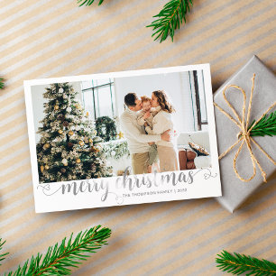 Modern Silver Merry Christmas Heart Script Photo Holiday Card