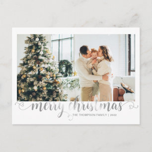 Modern Silver Merry Christmas Heart Script Photo Holiday Postcard