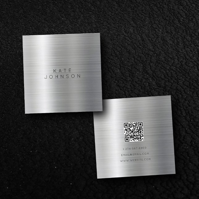 Modern Silver Metal Minimalist Simple QR Code Square Business Card (Creator Uploaded)