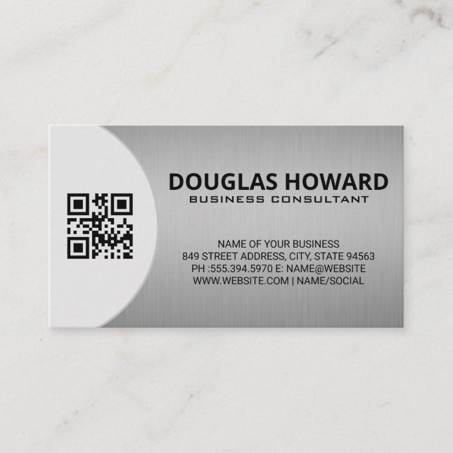 Modern Silver Metallic | QR  Business Card (Front)