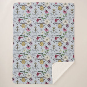 Modern Silver Mist Queen Bee Royal Crown Floral Sherpa Blanket