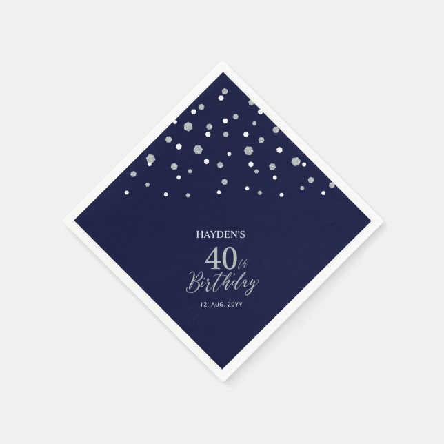 Modern Silver & Navy Blue 40th Birthday Party Napkin (Corner)