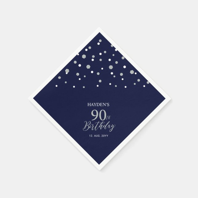 Modern Silver & Navy Blue 90th Birthday Party Napkin (Corner)