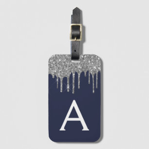 Modern Silver Navy Blue Glitter Sparkle Monogram Luggage Tag