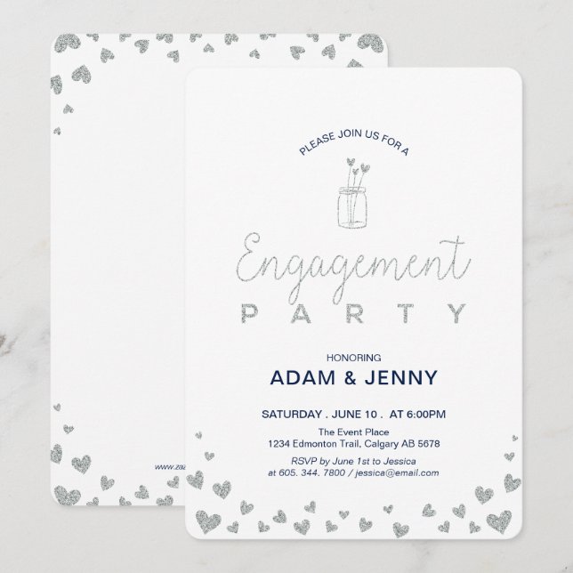 Modern Silver & Navy Engagement Party Invitation (Front/Back)