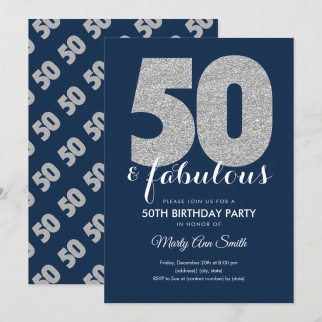 Modern Silver Navy Glitter 50 & Fabulous Birthday Invitation (Front/Back)