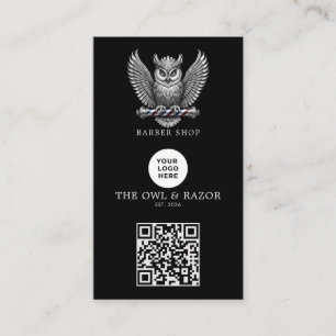 Modern Silver Owl Barber Shop Logo Qr Code Business Card