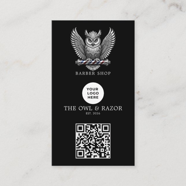 Modern Silver Owl Barber Shop Logo Qr Code Business Card (Front)