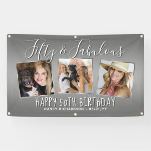 Modern Silver Photo Collage 50th Birthday Banner