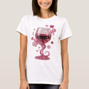 Modern Silver PINK GLASS OF WINE Print T-Shirt
