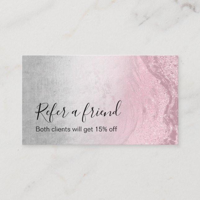 Modern silver pink rose gold glitter makeup artist referral card (Front)