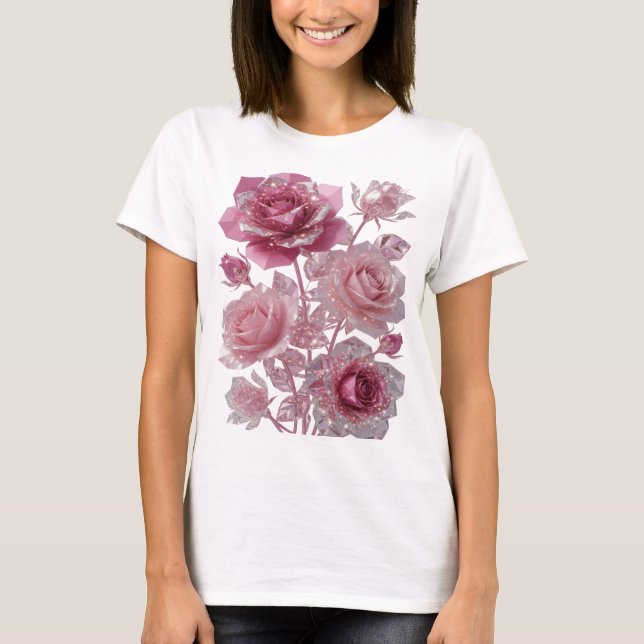 Modern Silver PINK ROSES WITH DIAMONDS Text Design T-Shirt (Front)
