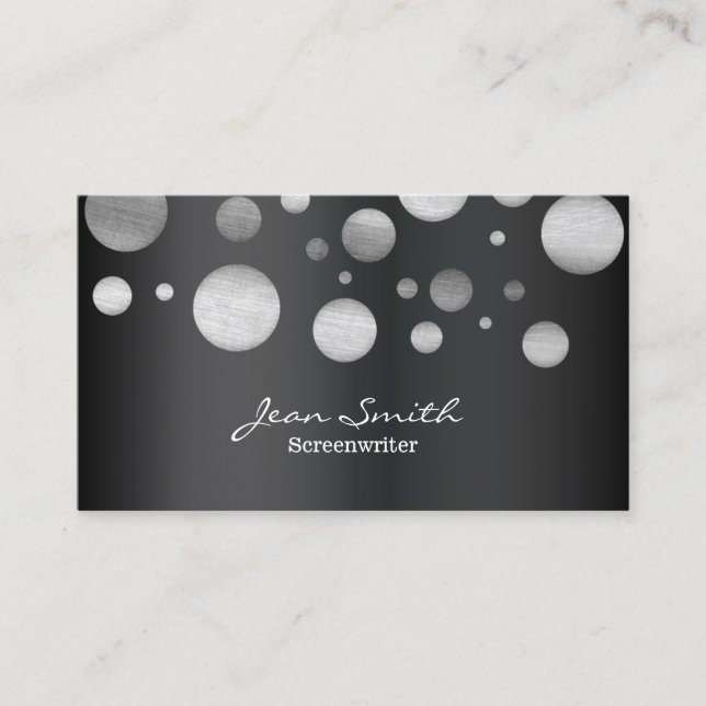 Modern Silver Polka Dots Screenwriter Business Card (Front)