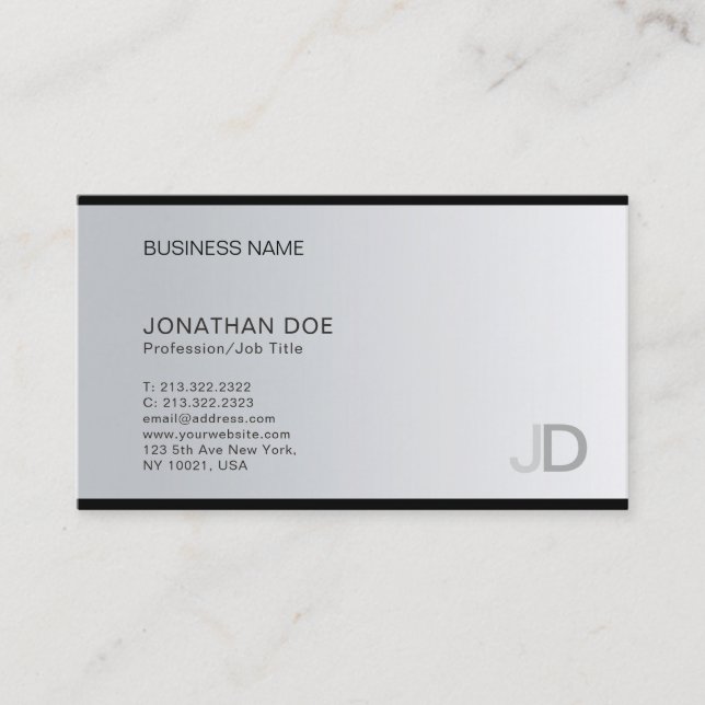 Modern Silver Professional Monogram Elegant Plain Business Card (Front)