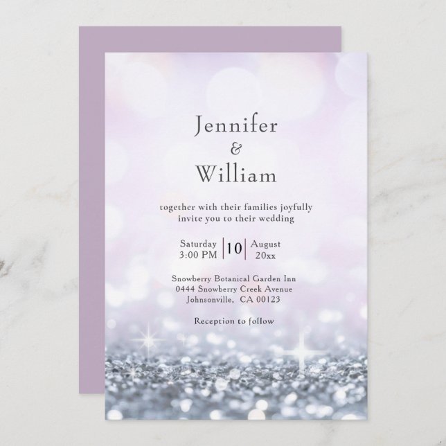 Modern Silver Purple Glitter Wedding Invitation (Front/Back)