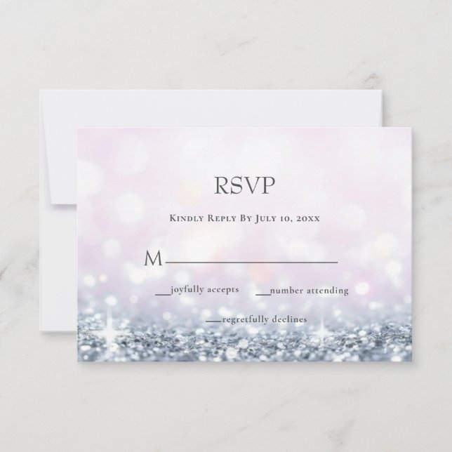 Modern Silver Purple Glitter Wedding RSVP Card (Front)