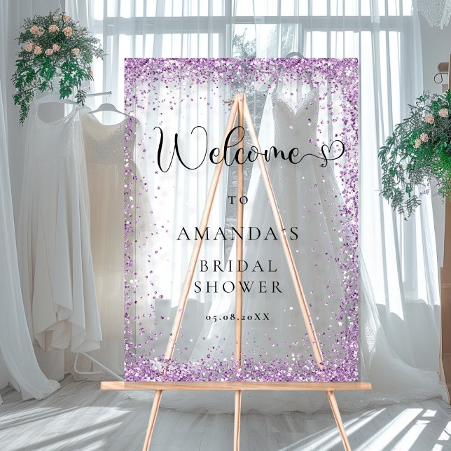 Modern, Silver, Purple Welcome Bridal Shower Acrylic Sign (Modern, Silver, Purple Welcome Acrylic Sign with your Name ans Date.)