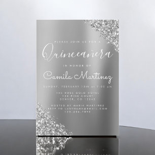 Modern Silver Quinceanera Glitter Party Invitation