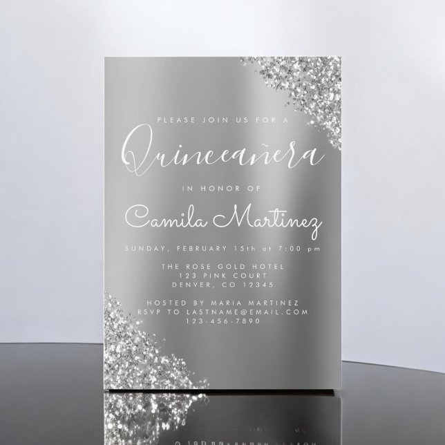 Modern Silver Quinceanera Glitter Party Invitation (Creator Uploaded)