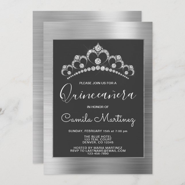 Modern Silver Quinceanera with Tiara Invitation (Front/Back)