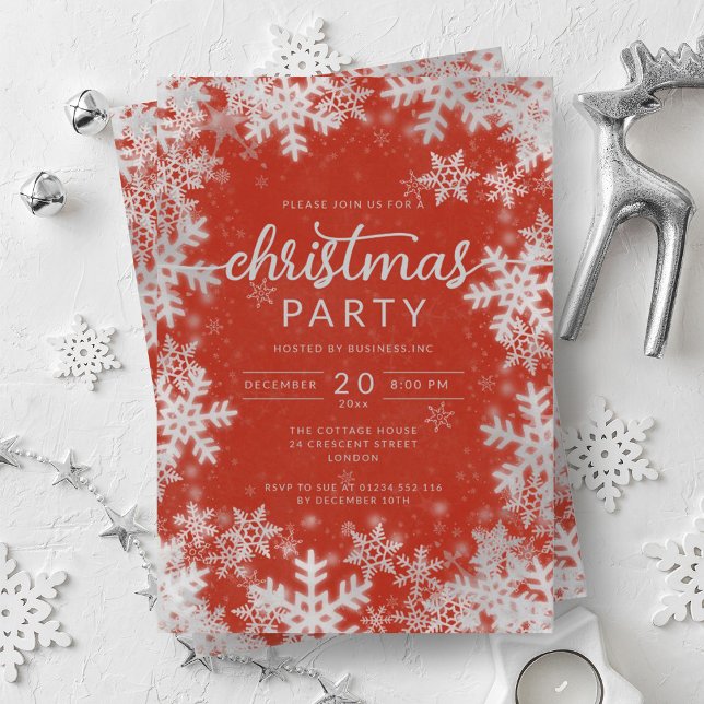Modern Silver Red Snowflakes Company Christmas  Invitation (Modern Silver Red Snowflakes Company Christmas Invitation)