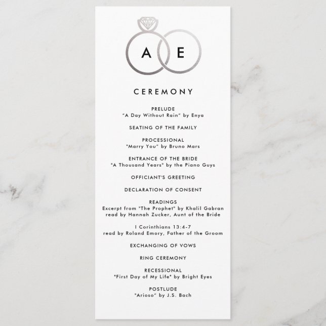 Modern Silver Rings Custom Wedding Program Programme (Front)