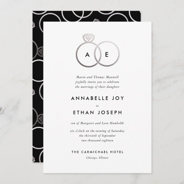 Modern Silver Rings Monogram Wedding Invitation (Front/Back)