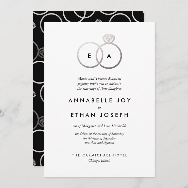 Modern Silver Rings Wedding Invitation (Front/Back)