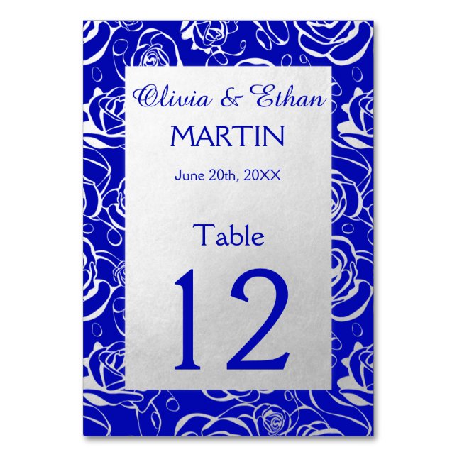 Modern Silver Roses on Royal Blue Table Number (Front)