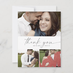 Modern Silver Script 3 Photo Collage Wedding Thank You Card