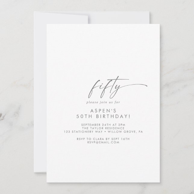 Modern Silver Script 50th Birthday Party Invitation (Front)
