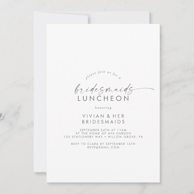 Modern Silver Script Bridesmaids Luncheon Invitation (Front)