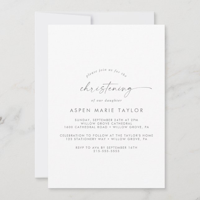 Modern Silver Script Christening Invitation (Front)