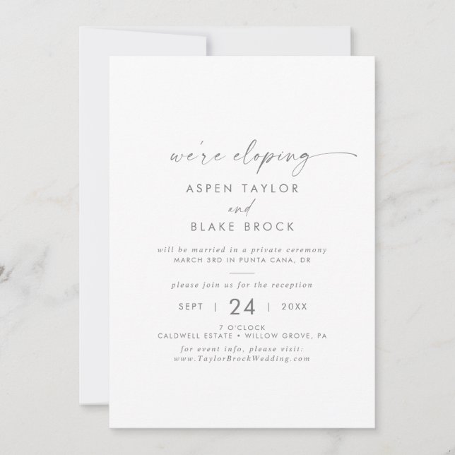 Modern Silver Script Elopement Reception Invitation (Front)