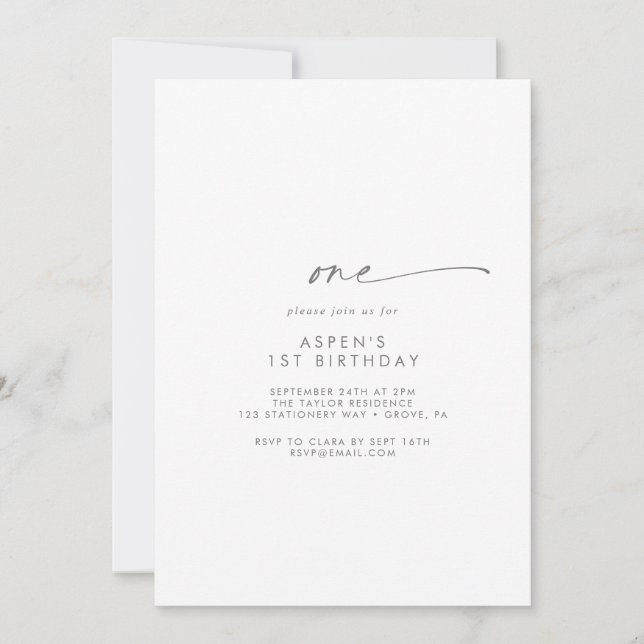 Modern Silver Script First Birthday Party Invitation (Front)