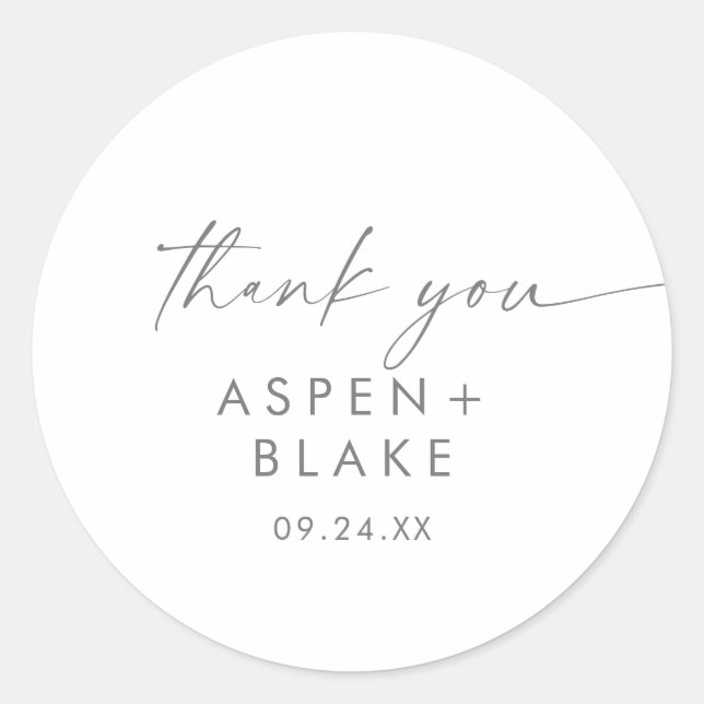 Modern Silver Script Thank You Wedding Favour Classic Round Sticker (Front)