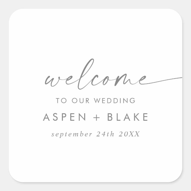 Modern Silver Script Wedding Welcome Square Sticker (Front)