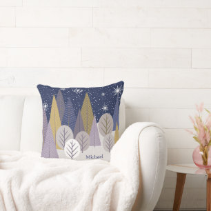 Modern Silver Snow and Purple Geometric Wood Cushion