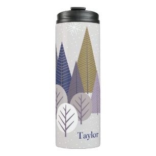 Modern Silver Snow and Purple Geometric Wood Thermal Tumbler