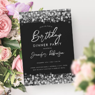 Modern Silver String Lights Birthday Dinner Party Invitation